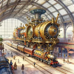 a hiper intricate watercolor of a beatiful steampunk train station, intricate, highly detailed, digital painting, artstation, concept art, extremely detailed, sharp focus, wide view, smooth, digital illustration, colorfull, by william turner art, by greg rutowski, by carl larson, by edmund dulac