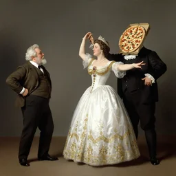 historical photo of queen margherita ( savoy ) dancing with a fat old man with a pizza for a head, full body, portrait photo, diffuse light, acclaimed masterpiece