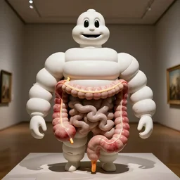 a sculpture of a michelin rhizotamic small intestine in middle of a museum horror film practical fx painted by giorgio de chirico