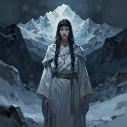 pig priestess of the icy mountains. gouache painting by indie comic book artist, chiaroscuro, bokeh, backlighting, field of depth