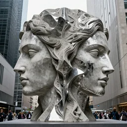 by francis bacon, louise bourgeois, bruno catalano, mystical photography evocative. an intricate fractal concrete and chrome carved sculpture of the secret faces of god, standing in a city center.