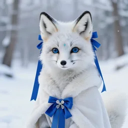 a cute anthropomorphic arctic fox girl anthro wearing indigo ribbons and a fluffy robe, winter park background, intricate details, aesthetically complementary colors, scenic background, real life fursona photography. trending on artstation, top rated on pixiv and furaffinity