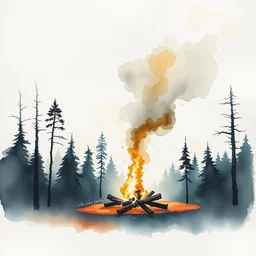 small centered on white watercolor paper, paint brush strokes, abstract watercolor painting of scandinavian smoking bonfire, smoke, tree forest, nightfall sharp light, cinematic light, american romanticism by hans dahl, by jesper ejsing, by anders zorn, by greg rutkowski, by greg manchess, by tyler edlin