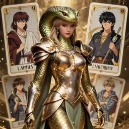 lamia warrior wearing armor, serpent man, male, handsome face, semi realistic anime, fantasy anime, tarot card, art by Masamune Shirow, Ilya Kuvshinov, cinematic, 4K