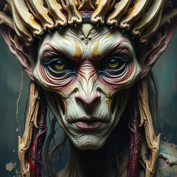 close - up portrait of a horrorible goblin queen by irakli nadar with intricate detailed color smashing fluid oil paint and acrylic, headdress made out of bones, melting wax, mycelia, abstract impressionism, ruan jia, fantasy, hyper detailed, concept art, by peter mohrbacher and gustav klimt,