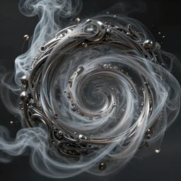 swirling abstract cyborg parts and ornate flowing smoke streams and smooth particle effects surround a metallic spiral, cinematic, unreal engine