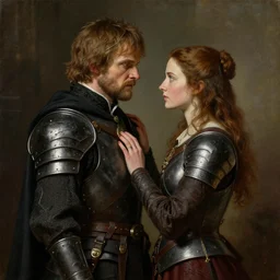 attractive fully clothed jaime lannister confesses his love for attractive fully armored brienne of tarth. tender looks. highly detailed painting by gaston bussiere and j. c. leyendecker 8 k