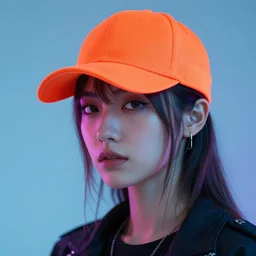beautiful portrait of a cyberpunk female, neon orange baseball cap by Martin Schoeller and Marco Mazzoni, 8k HDR