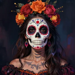 illustration of a sugar skull day of the dead girl, art by raqib shaw