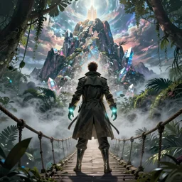 comic book art of a [ man ] in trenchcoat with ( glowing ) [ gloves ] and [ boots ] crossing a [ old ] [ rope ] bridge in a [ jungle ] looking up at a [ mountain ] made of crystalized rock, a [ glowing tower ] extends into the sky, low angle, artstation illustration, elegant, cyberpunk, volumetric fog, arcane by tim doyle