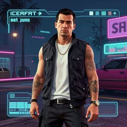a cyberpunk man in the style of a gta load screen