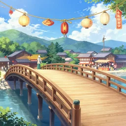 Edo period bridge made of wood and shrine ropes, matsuri festival, street food stands, Visual Novel key visual, award-winning digital art on Pixiv, trending on Artstation