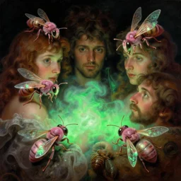 a baroque neoclassicist close - up painting of people and pink wasps with glowing green. reflective detailed textures. glowing colorful fog, black background. highly detailed fantasy science fiction painting by moebius, norman rockwell, frank frazetta, and syd mead. rich colors, high contrast. artstation