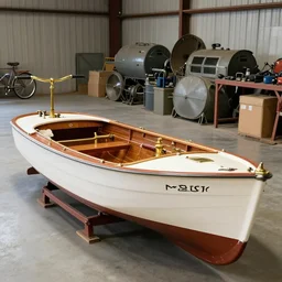 vintage single speed boat with brass equipment in a hanger with large equipment