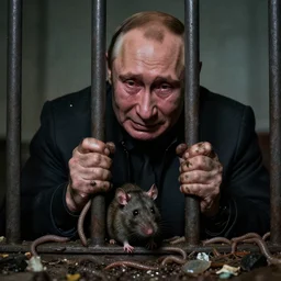 Vladimir Putin crying behind bars, ugly, smooggy, dark, filthy, rat, garbage, worms,