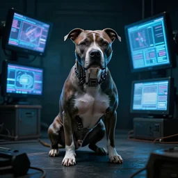 cyborg - pitbull, surrounded by screens, in 1 9 7 6, y 2 k cybercore, industrial low - light photography, still from a ridley scott movie