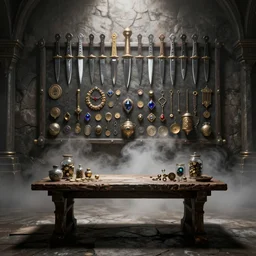 a solitary table below a knifed bounty board in a medieval castle, jars, coins, baubles, gems, jewelry, volumetric fog, high contrast, raytracing, back light, raymarching, by ilm, by digital domain, by weta digital