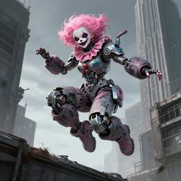 creepy clown robot ghost in the shell girl pink hair jump from a building, tears from the eyes, wearing cyberpunk intricate streetwear, beautiful, detailed portrait, intricate complexity, ilya kuvshinov, cell shaded, 4 k, concept art, by wlop, ilya kuvshinov, greg rutkowski