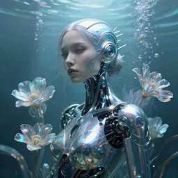 a beautiful detailed digital biopunk biomechanical woman in retrofuturistic iridium flowers, underwater scene, thalassophobia, cinematic lighting, 8 k, artgerm, wlop, rutkowski, carne griffiths, ayami kojima, feng zhu, trending cgsociety deviantart, minimalism