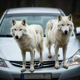 lomo photo of two white wolves standing on a hyundai elantra, cinestill, bokeh, out of focus, dramatic lighting, detailed, grainy