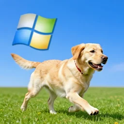 A golden lab dog running in the Windows XP Bliss background