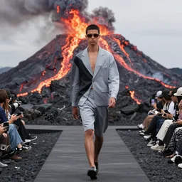 A fashion Catwalk on a active volcano spewing lava, Fashion Photography, Octane, Redshift, High Detail