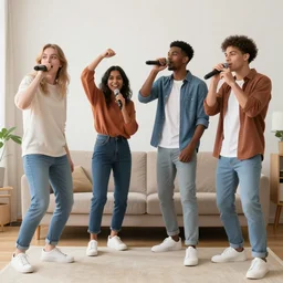 four friends rapping with microphone in living room, caucasian, black, indian, Hispanic, women, men, epic poses, distinct figures, digital art, vaporwave, psychedelic, surreal, hip hop, trending on Artstation, professional artist, detailed, 4k
