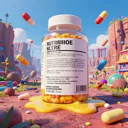 acid color painting in a vibrant color style of a melted nutritional label with pills floating everywhere, epic scale ultrawide angle, 3D  rendered, Vray rendered, octane render, unreal engine, like monument valley and abzu