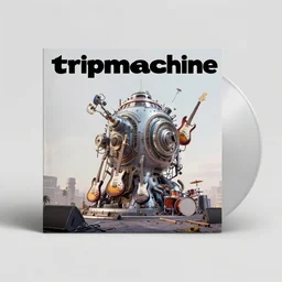 mockup of an album is called tripmachine, tripmachine, photo of a huge atompunk machine with guitars and drums and pianos, connected with glowing tubes 8 k, fluorescent colors, halluzinogenic, multicolored, exaggerated detailed, front shot, 3 d render, octane