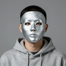 a man with a smooth featureless silver mask, wearing a hoodie