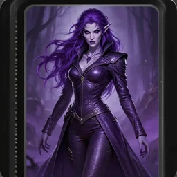 body portrait of beautiful elf necromancer, female, purple skin, skintight leather coat, leather pants, wild purple hair, evil, high fantasy, extremely detailed, smooth, sharp focus, digital illustration, by artgerm, rossdraws, wlop, collectible card art