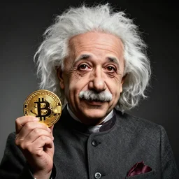 happy albert einstein holding a bitcoin in his hand