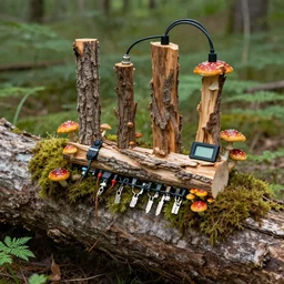 a nature photograph of a biological roland sp 4 0 4 sampler made out of bark, wood, colorful mushrooms and moss growing out of a fallen log. knobs, cables, keys and screen,