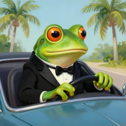 photo of a frog in a tuxedo driving car, oil painting, portrait, palm trees