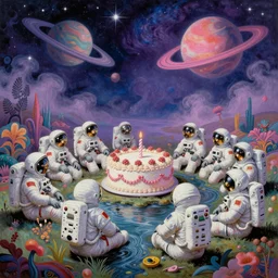 surreal painting by chesley bonestell!!, twelve astronauts sitting by the river with a big holiday cake + psychedelic vegetation + purple, pink, blue + planets and stars + mystical fog, vintage sci - fi style of the 5 0 s, rule of the third!!!!, line graphics, 8 k, super detail, high quality