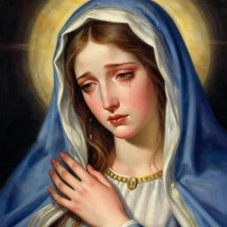 portrait of crying gorgeous young mother mary our lady of sorrows by greg hildebrandt lisa frank beautiful high detail vibrant colors long hair open eyes weeping
