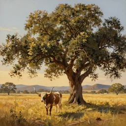 photorealistic painting of a texas longhorn under one huge oak tree with spreading branches taller than the hill side range, in the style of earl norem, digital art, super long shot, concept art, golden, sacred, sacred, golden hour