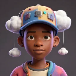 colourful caricature - 3 d vfx art - portrait of a nigerian boy wearing a baseball cap with wires, computer chips & puffy clouds dangling from inside, art style by james jean & hsiao - ron cheng, character concept art, unreal engine render, digital illustration, claymation, sharp, intricate detail, volumetric light, ray tracing, soft light, symmetric, pinterest, artstation, behance,