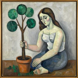 a cubist painting by picasso of a sad woman planting a tree
