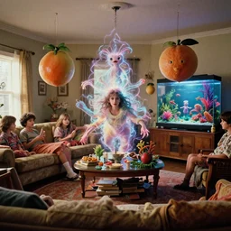 movie still by alejandro jodorowsky of a beautiful day in a family living room in suburban usa, visible magic energy, dream creature costumes, floating large fruit, exotic aquarium, digital parade float, cinestill 8 0 0 t eastmancolor technicolor, high quality, very detailed, heavy grain, fine facial features, 8 k, octane render