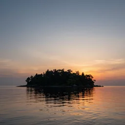 dreamt in 6 3. 3 2 s for @ choog's! dream a beautiful photograph of a landscape, an island in a still sea at sunset, reflections by ansel adams, trending on artstation, octane render,