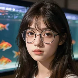 a portrait of a girl with rounded glasses and fish tank digital art, trending on art station, high detailed