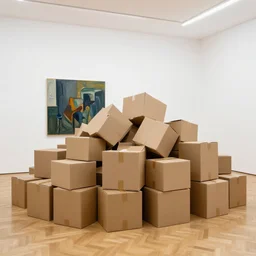 ! dream a giant pile of cardboard boxes in a white gallery room with a parquet floor, the room has a single painting by anthony copely behind the giant pile of cardboard boxes, a pile of cardboard boxes filling the entire room, interior photograph