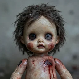 macabre abandoned doll, blood stained, few broken hairs, one eye, terrifying