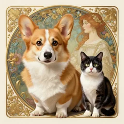 a pembroke welsh corgi and a tuxedo cat, intricate, elegant, hyper detailed, ultra definition, photoreal, artstation, unreal engine rendered, concept art, smooth, sharp focus, illustration, art by artgerm and greg rutkowski and alphonse mucha and garis edelweiss