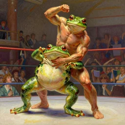 a muscular frog man suplexing a toad man in a wrestling ring, detailed, artist arthur rackham, pastel colors