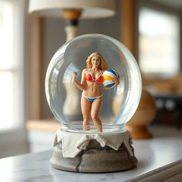 snow globe on mantel has a trapped beautiful blonde female beach volleyball player in bikini holding volleyball inside, depth of field