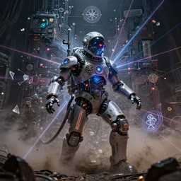 spaceman performing satanic ritual, technology and magick, circuitry and sigils combined, photorealistic, technical, royo, frazetta, giger, leds, dust, laser light, crystalline shimmers, chaos, complexity, emergence,