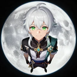 white haired young guy with green eyes on the moon, smiling, beautiful anime portrait, symmetry, ecchi style, makoto shinkai, genshin impact, hyper realistic, high quality, art, long shot, fisheye