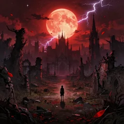 abandoned bloodborne old valley with a person at the centre and a ruined gothic city in the background, trees and stars in the background, falling red petals, epic red - orange moonlight, perfect lightning, wallpaper illustration by niko delort and kentaro miura, 4 k, ultra realistic